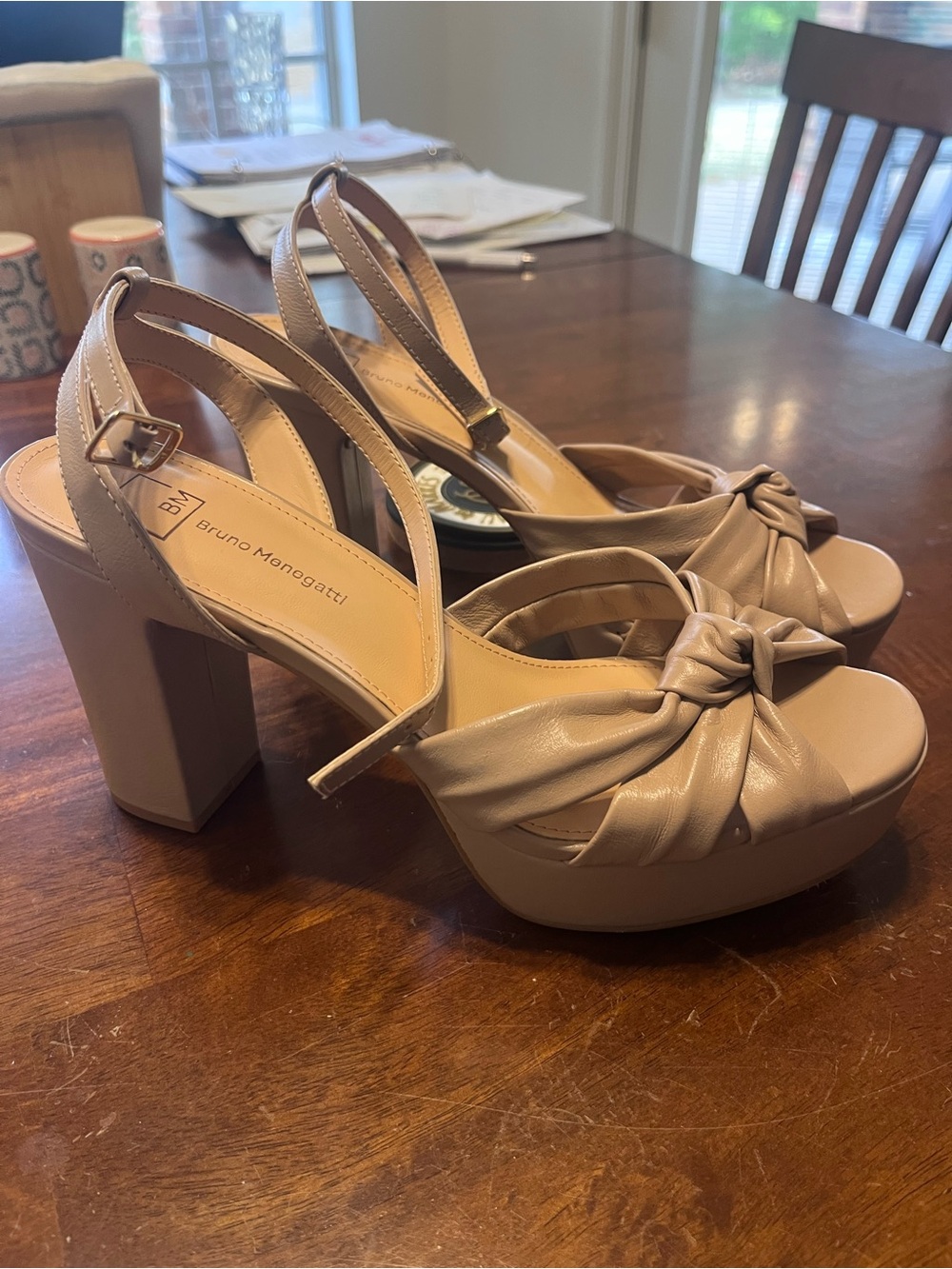 Bruno M Tan Knot front Platform ankle buckle and block heel Sandals